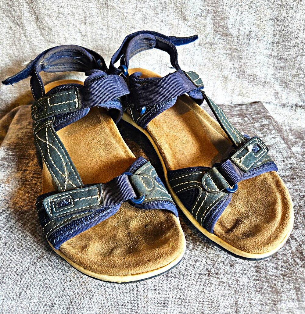 Earth Origins Blue/Tan Strappy Sandals 7.5 Hook & Loop Adjustable Synthetic